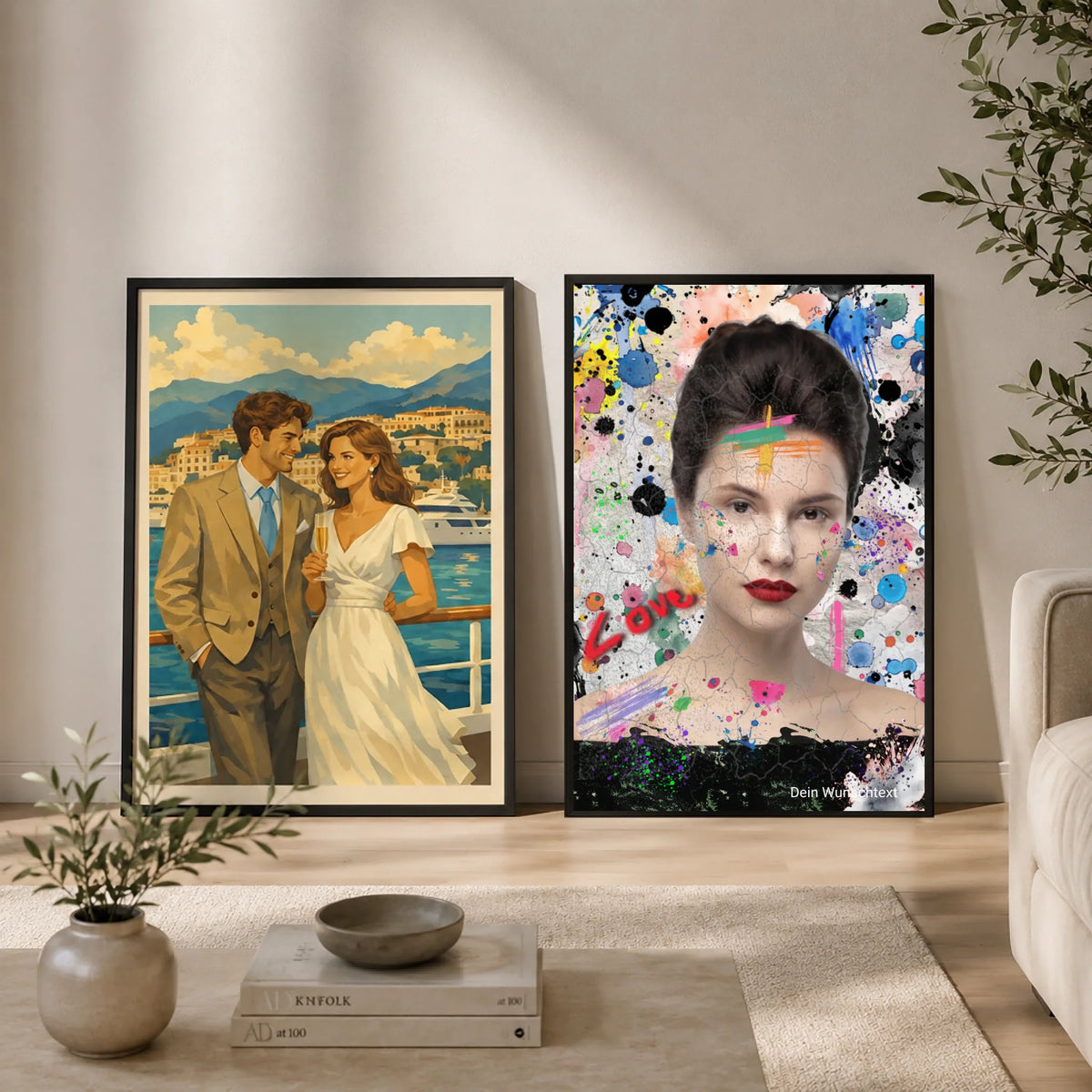 Zwei Wandbilder schwarzer Rahmen 2.3 Format mit Frontansicht lehnend an der Wand im Wohnzimmer bearbeitet