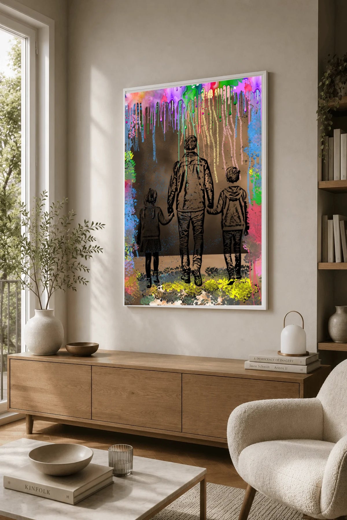 Personalisiertes Wandbild im modernen Wohnzimmer in Hochformat mit weissen Rahmen als Leinwand oder als Poster. Titel: Bleistift-Pop-Art-Porträt - Grafik Explosion.