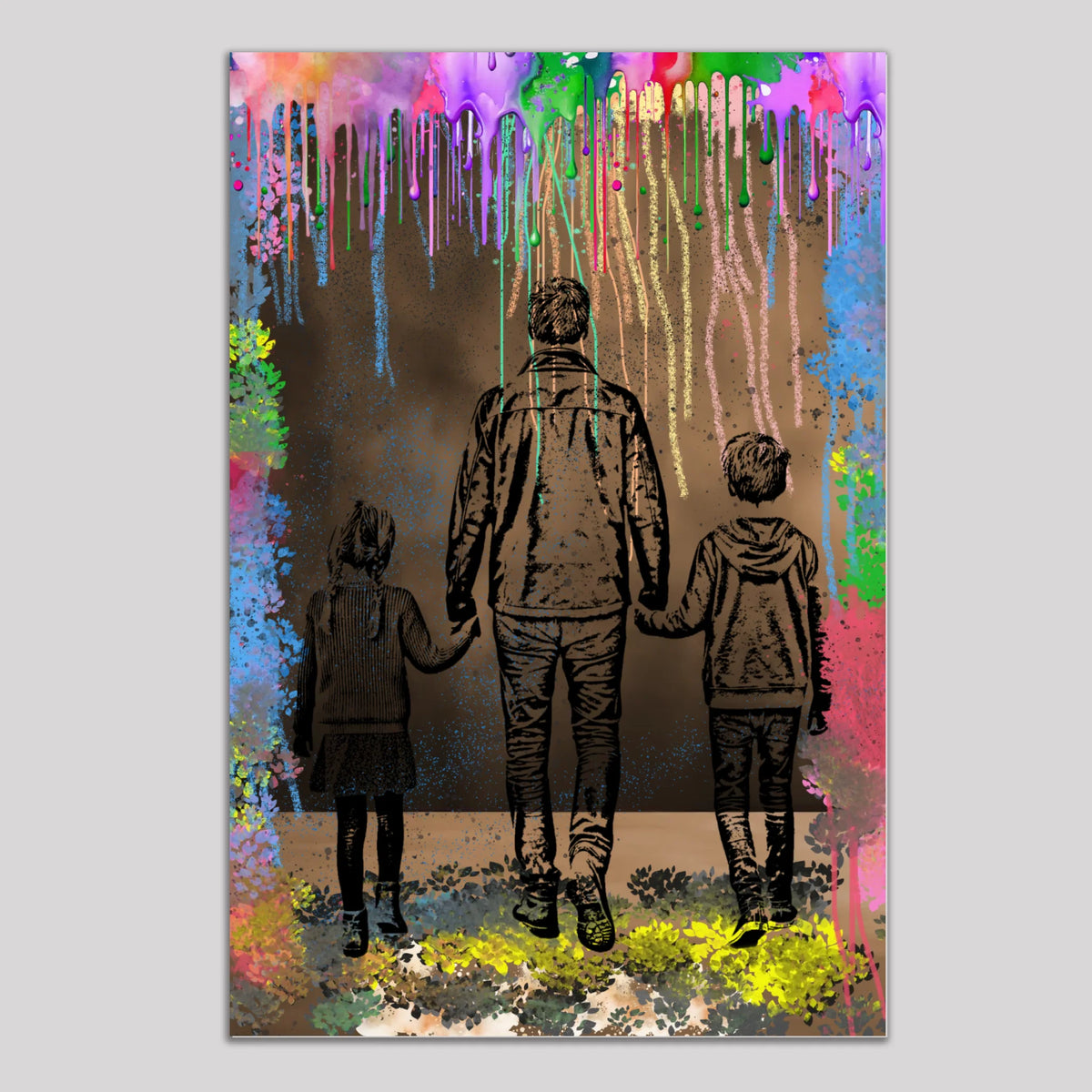 Detailansicht von personalisiertem Wandbild in Hochformat als Leinwand oder als Poster, hängend auf garuen Hintergrund. Titel:  Bleistift-Pop-Art-Porträt - Grafik Explosion.