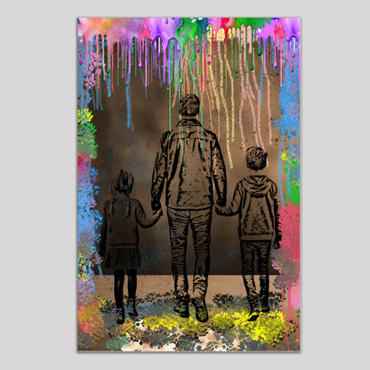 Detailansicht von personalisiertem Wandbild in Hochformat als Leinwand oder als Poster, hängend auf garuen Hintergrund. Titel:  Bleistift-Pop-Art-Porträt - Grafik Explosion.