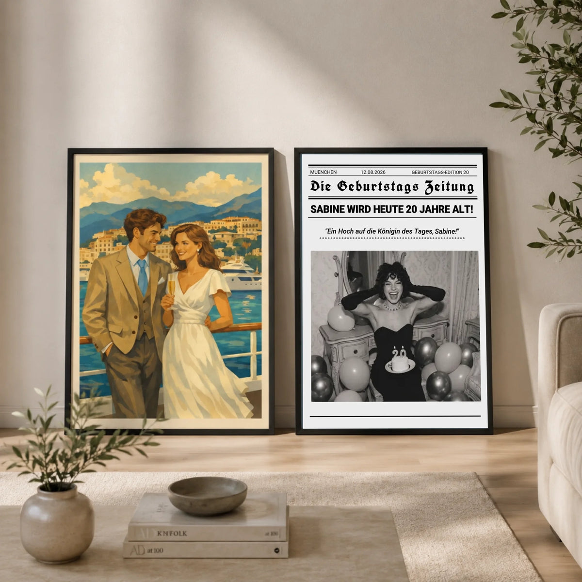 Personalisiertes Wandbild, Die Geburtagszeitung im Wohnzimmer, lehnend an der Wand neben ein Wandbild mit Pärchen darauf,  als Leinwand mit Rahmen
