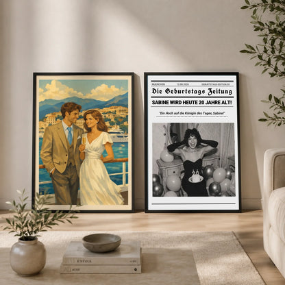 Personalisiertes Wandbild, Die Geburtagszeitung im Wohnzimmer, lehnend an der Wand neben ein Wandbild mit Pärchen darauf,  als Leinwand mit Rahmen