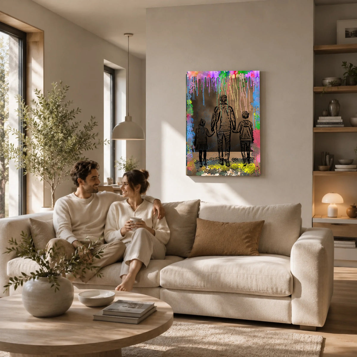 Detailansicht von personalisiertem Wandbild in Hochformat als Leinwand oder als Poster im modernen Wohnzimmer mit Personen auf dem Couch sitzend.  Titel: Bleistift-Pop-Art-Porträt - Grafik Explosion.
