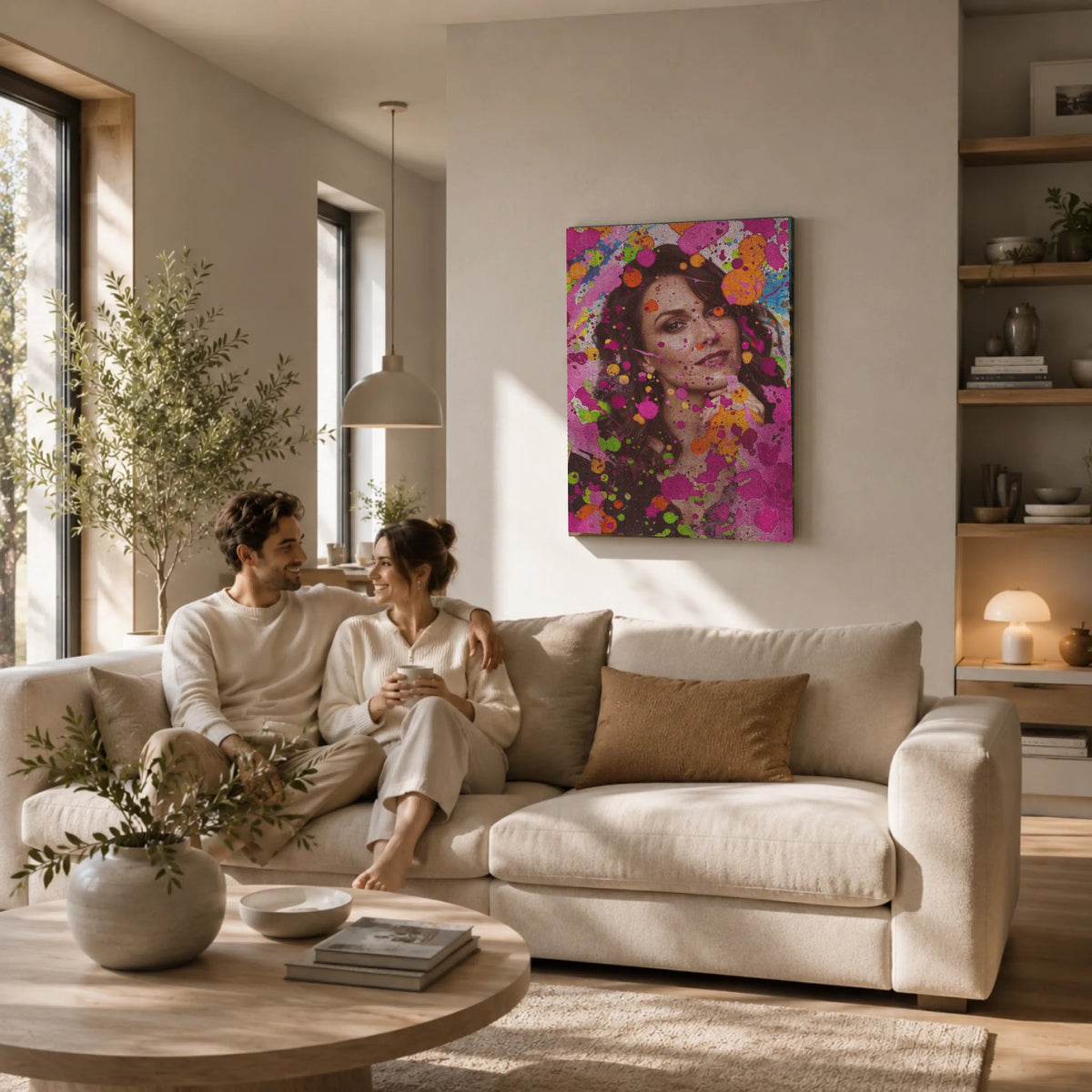 Personalisiertes Poster "Flower-Power" in Hochformat im modernen Wohnzimmer