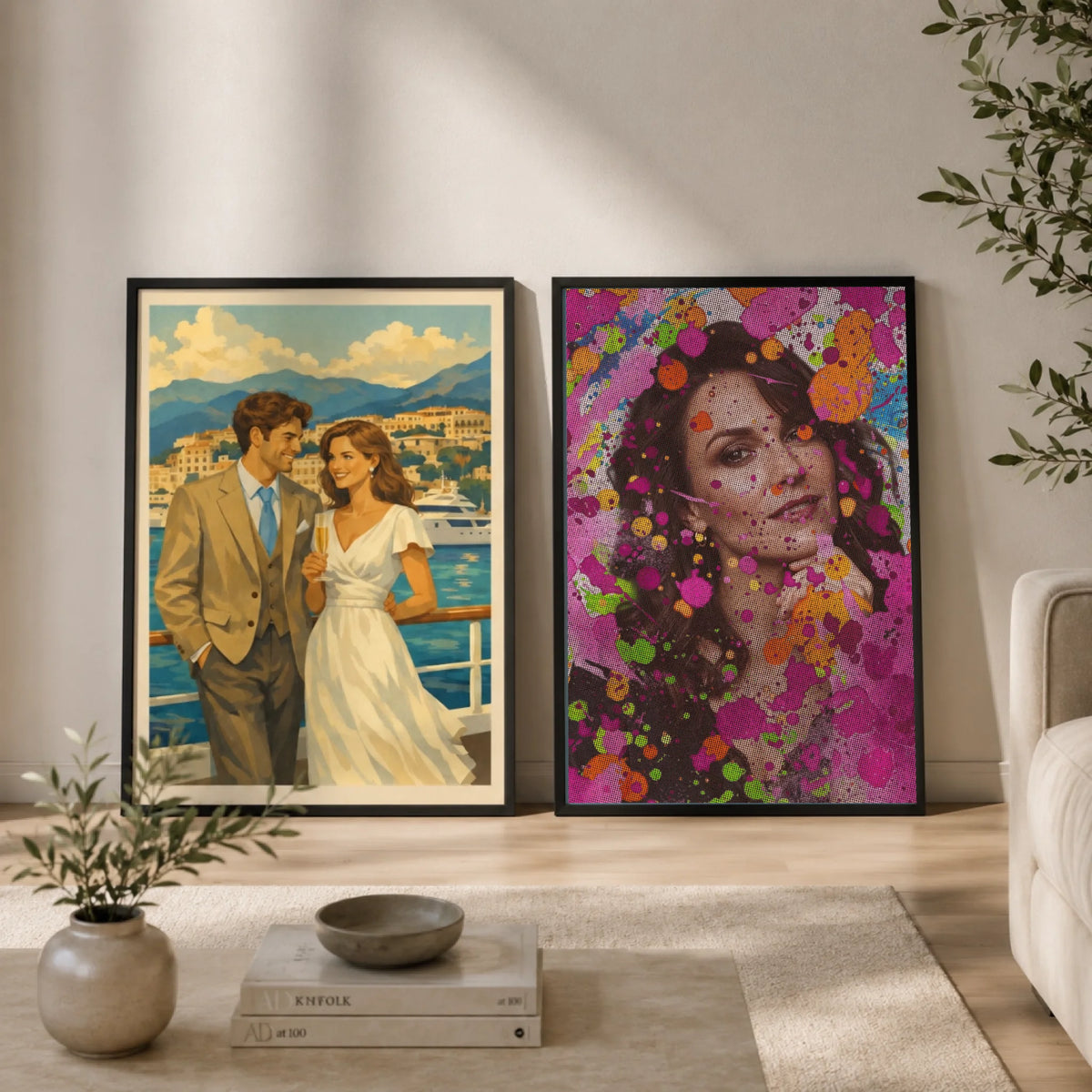 Personalisiertes Poster mit schwarzen Alurahmen "Flower-Power" in Hochformat im modernen Wohnzimmer in Frontansicht lehnend an der Wand.